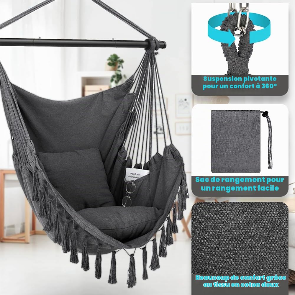 Fauteuil Suspendu avec 2 Coussins Siège et Sac - Chaise Hamac Balançoire Suspendue Charge Max 330 lbs, Fauteuil Jardin pour Intérieur et Extérieur Balcon Hamac Portable Poche Latérale (Gris Foncé)