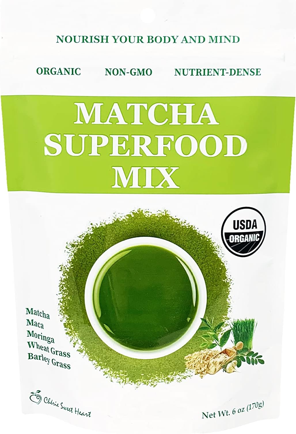 Cherie Sweet Heart Matcha Powder Green Superfood Mix, Non-GMO Mixed Greens, Plant Based, Focus & Energy, Organic Green Tea Powder, Natural Caffeine Drink Mix (6oz, 34 Servings) (Packaging May Vary)