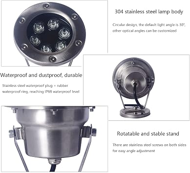 LED Underwater Light IP68 Waterproof Submersible Landscape Spotlight Low Voltage AC12/24V Stainless Steel Underwater Pond Light for Swimming Pools, Fountains, Waterfalls, Aquariums(White,3W-AC2