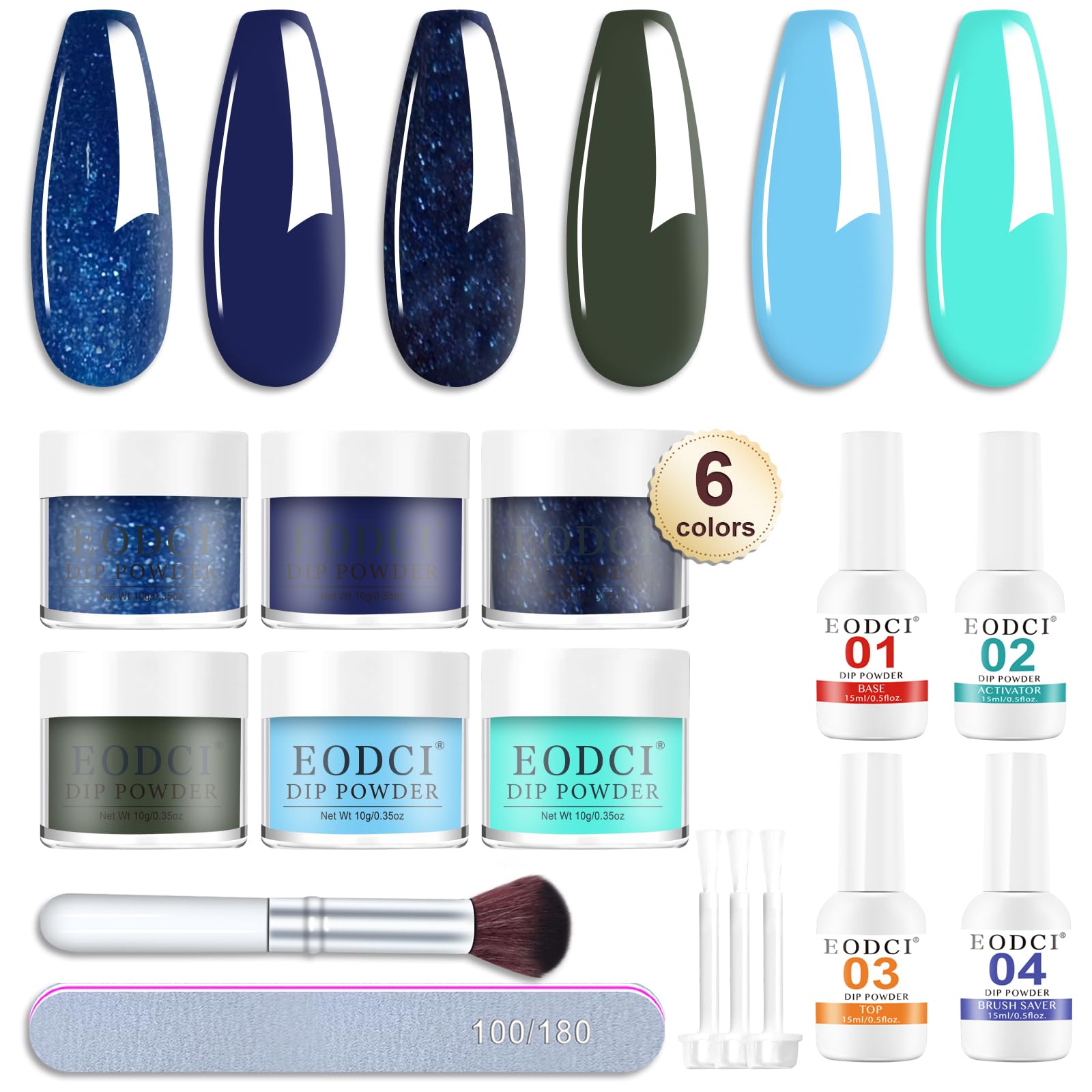 Eodci 12 Pcs Glitter Blue Dip Powder Nail Kit Starter, Dark Green Blue Snow Dipping Powder Kit With Base & Top Coat/Activator/Brush Saver, Odor-Free&