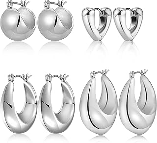 Chunky Gold Hoop Earrings for Women, 4 Pairs 14K Gold Plated Silver Hoop Earrings for Women Girls Hypoallergenic Lightweight Hoop Earrings Set Thick Gold Hoop Earrings Jewelry Gifts