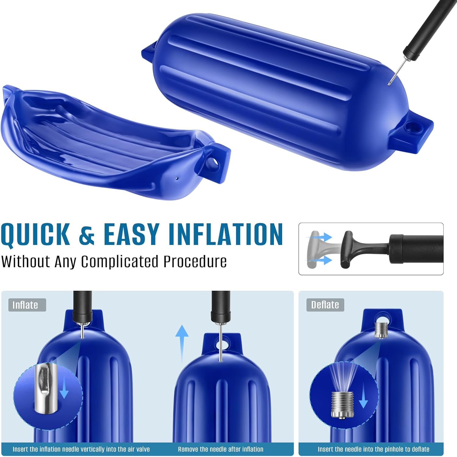 8.5 x 27 Inches Twin Eyes Ribbed Boat Fenders 4 Pack Boat Fenders Bumpers with Lines and Pump to Inflate for Docking