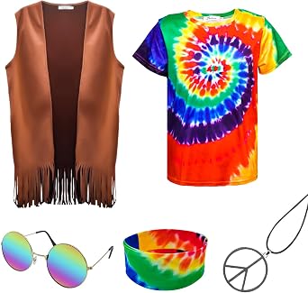 Hippie Costume for Men 60s 70s Fringe Vest Colorful T-shirt Set Carnival Party Tassel Vest Hippy Halloween Costume