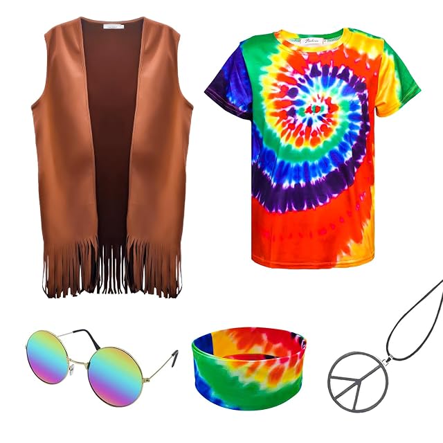 Hippie Costume for Men 60s 70s Fringe Vest Colorful T-shirt Set Carnival Party Tassel Vest Hippy Halloween Costume