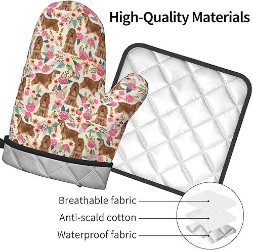Miniatura 4 de Lindos guantes de horno y soportes para ollas con estampado floral de perros Cocker Spaniel, reutilizables, antideslizantes, resistentes al calor,
