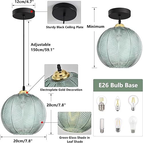 Miniatura 2 de KCO Lámpara colgante de cristal acanalado verde moderna lámpara colgante de globo grande 1 luz colgante negra sola lámpara de isla de cocina,