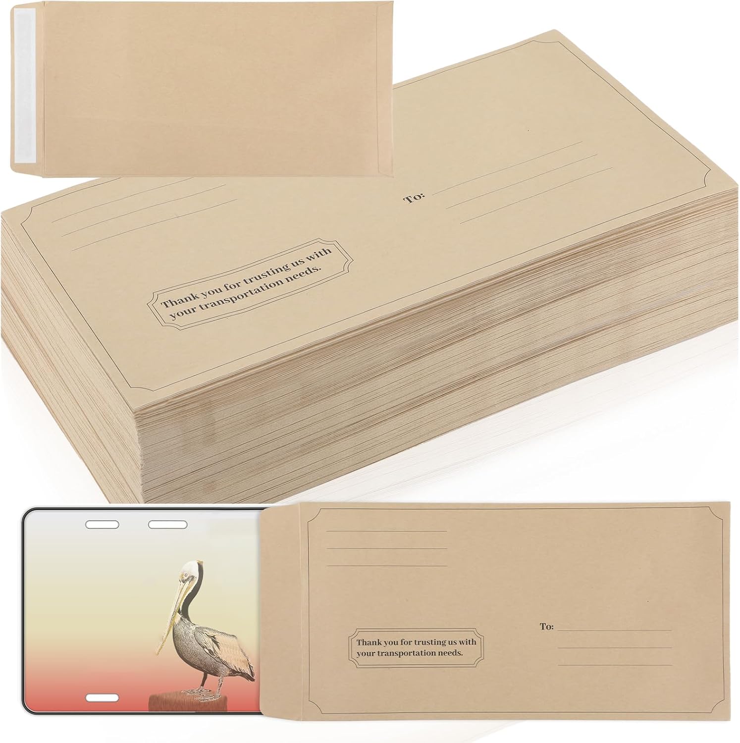 gisgfim 100 Pieces License Plate Envelopes with Self Seal Bulk 13 x 6-1/2 inch Brown Kraft Legal Size Pre-Printed Peel and Seal Mailing Envelopes for License Plate Business Documents