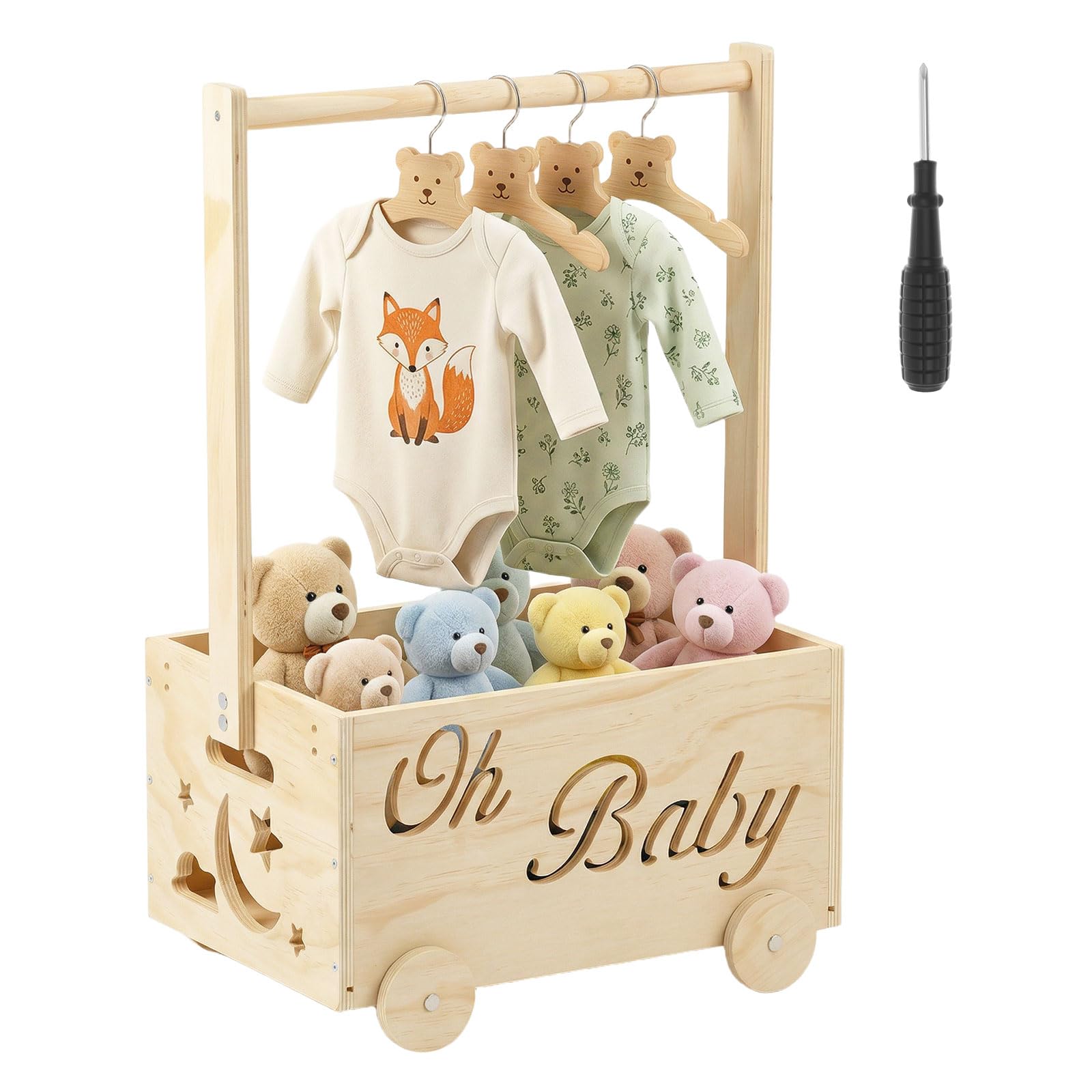 RHAIQBVC Wooden Baby Shower Crate Closet, Portable Babies Hamper Basket with Handle & Wheels,Unique Babies Storage Basket for Newborn Pregnancy New Parent