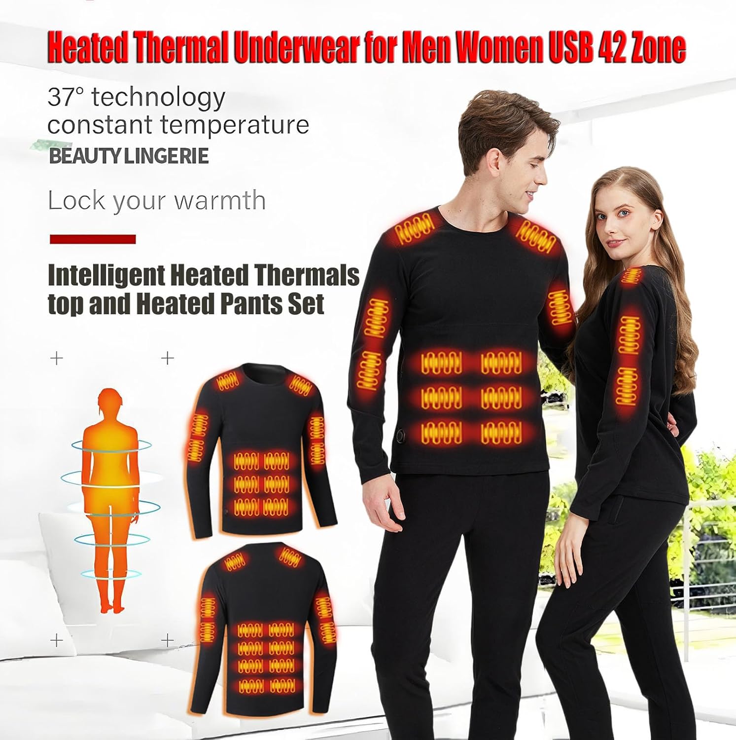 Heated thermal tops for women USB Charge 26 Zone Intelligent heated underwear thermals for women rechargeable heated tops Winter Work camping motorcycles Extremely cold weather black/2XL