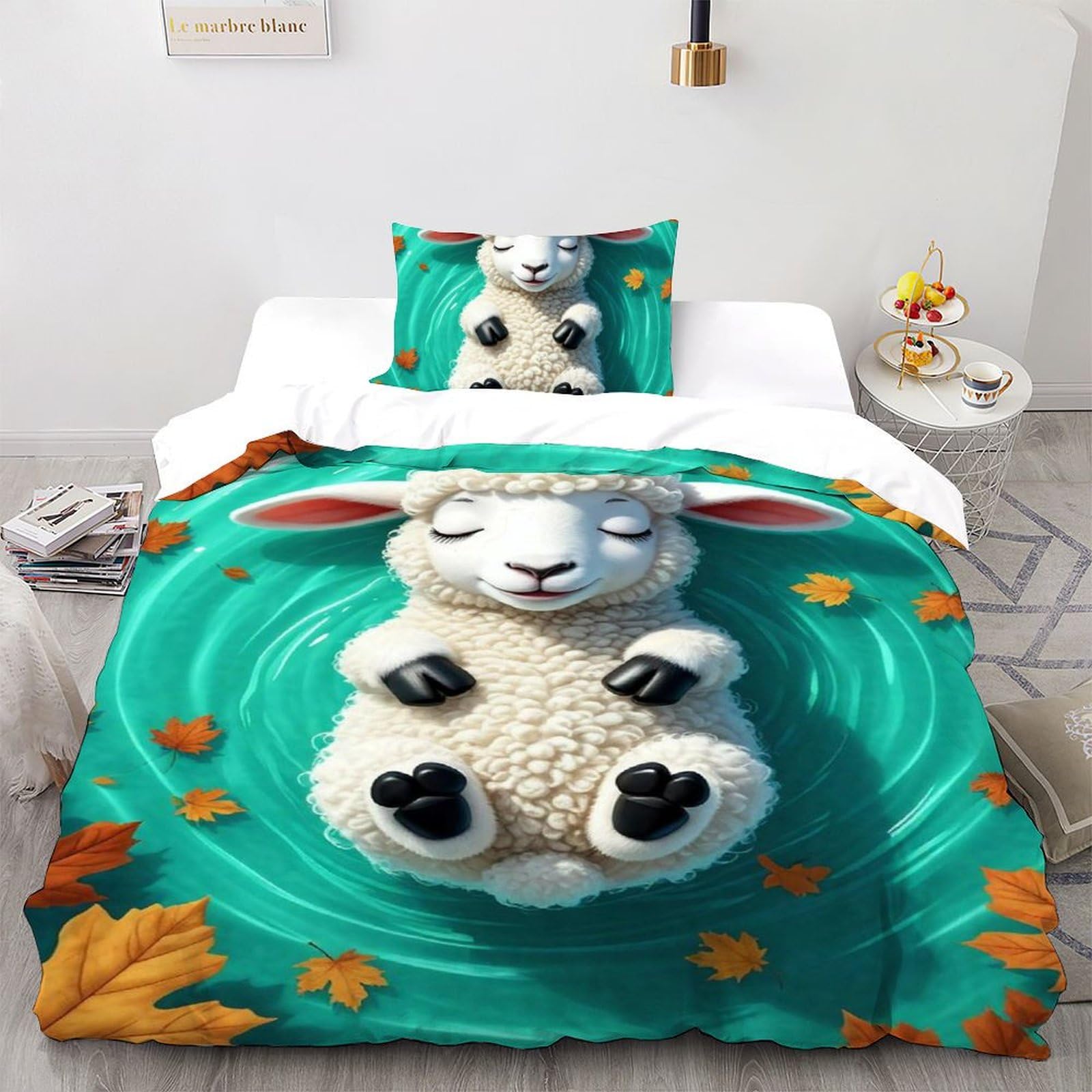 Housse de couette dessin animé mouton anti-plis en microfibre pour lit single