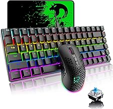 Mechanical Gaming Keyboard and Mouse Combo with 20 Rainbow Backlight 84 Key Anti-ghosting Ergonomic Waterproof Type-C Wired 2400 DPI Honeycomb Mice for PC Mac Gamer Computer Typist(Black/Blue Switch)