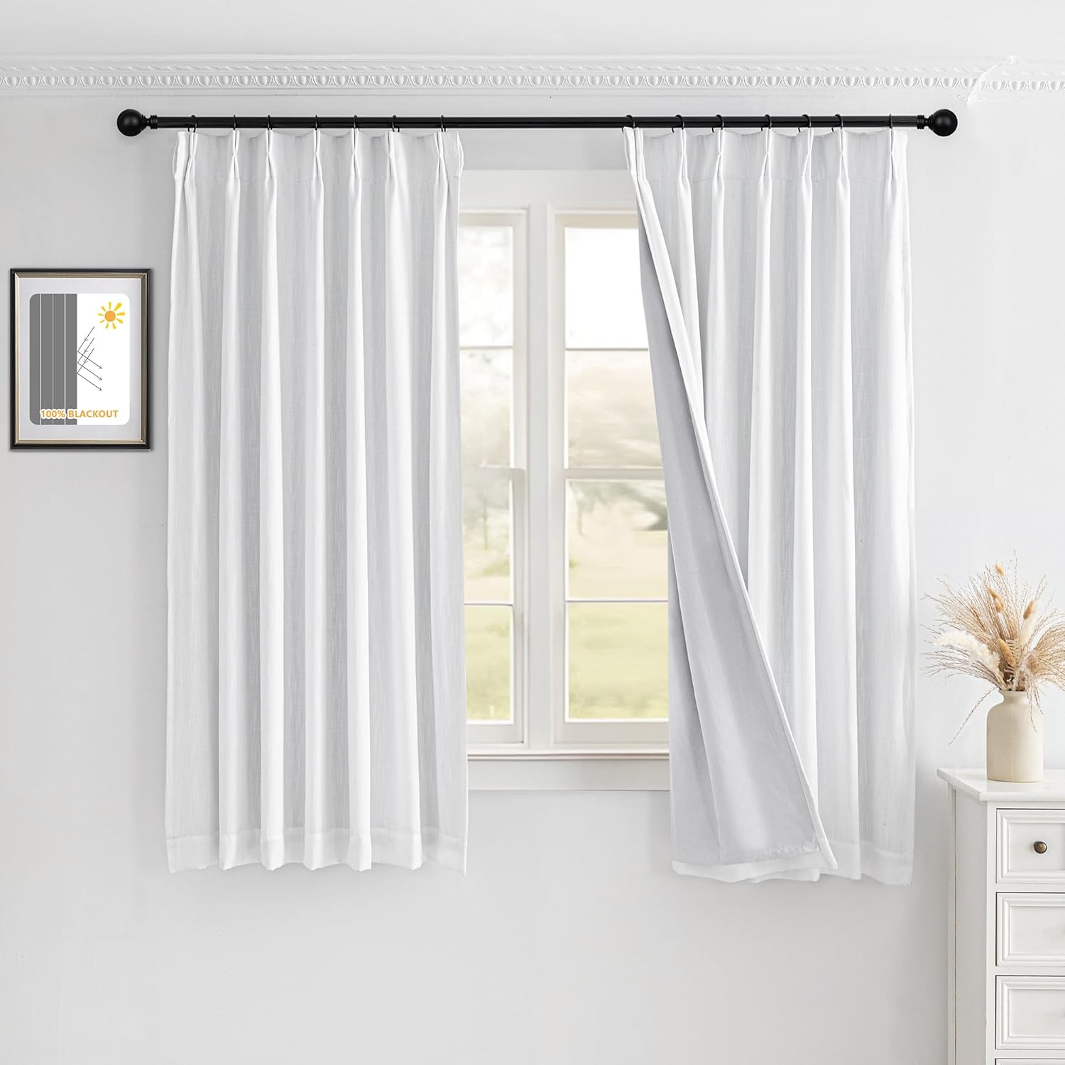 MYSKY HOME White Blackout Curtains 63 inches Long Pinch Pleated Curtains for Living Room Bedroom 100% Room Darkening Black Out Window Drapes with Hooks Back Tab, 40" Wide per Panel, 2 Pieces
