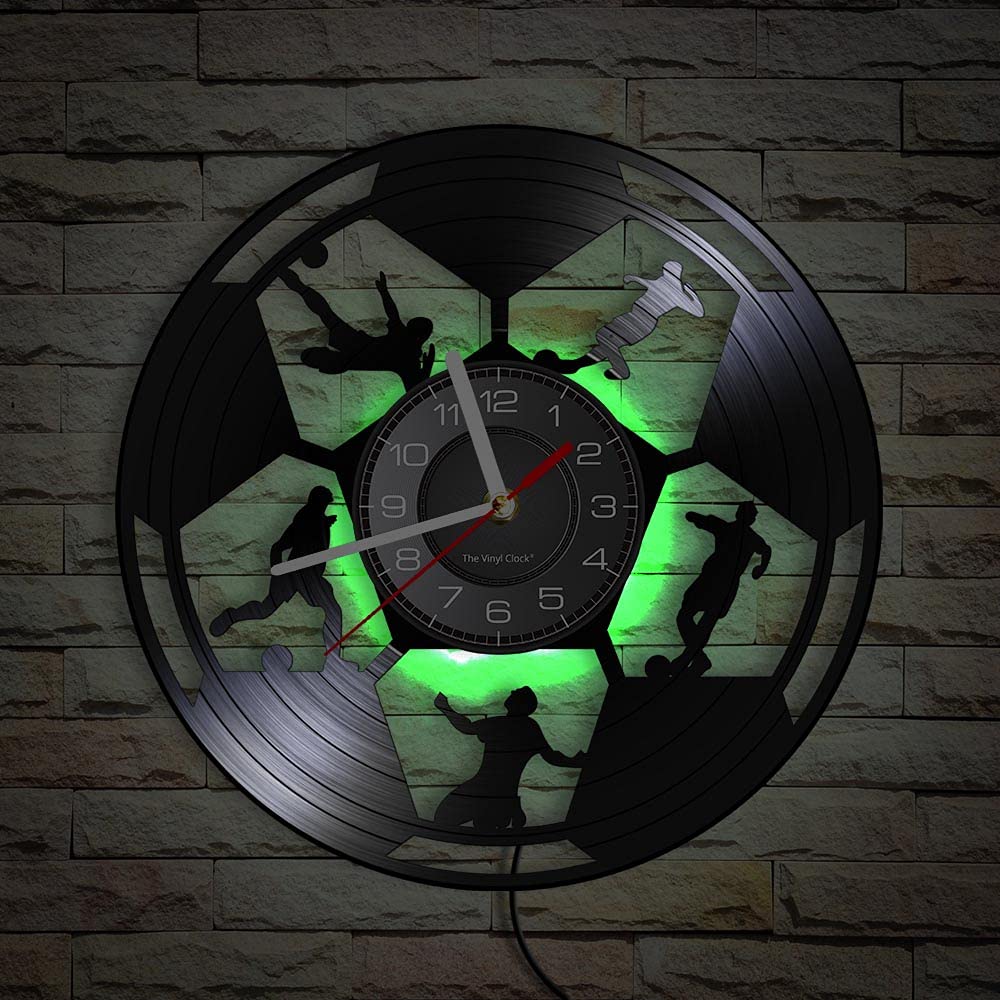 Orologio da parete in vinile, orologio da parete con design a calcio, con luce notturna a LED, decorazione da calcio, idea regalo.