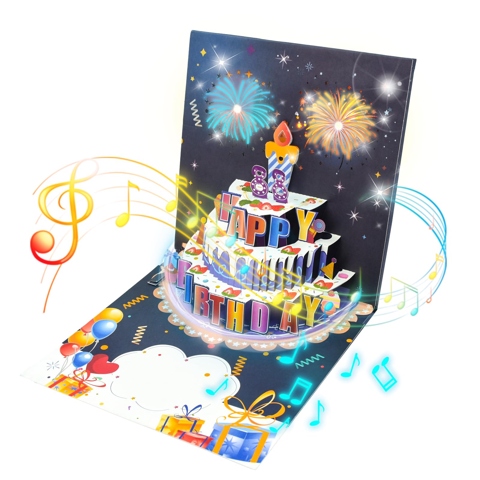Biglietto Di Auguri 3D Pop-Up Con Torta Di Compleanno, Luci LED E Musica – Con Fuochi D'Artificio E Palloncini - Regalo Perfetto Per Bambini E Adulti Con Busta Inclusa