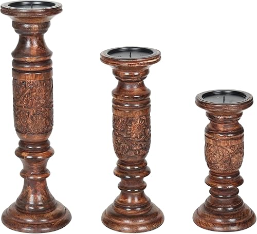 Miniatura 8 de Portavelas de pilar para velas de pilar, portavelas de madera, portavelas de granja para centro de mesa, portavelas rústico, juego de 3, (9, 12, 15