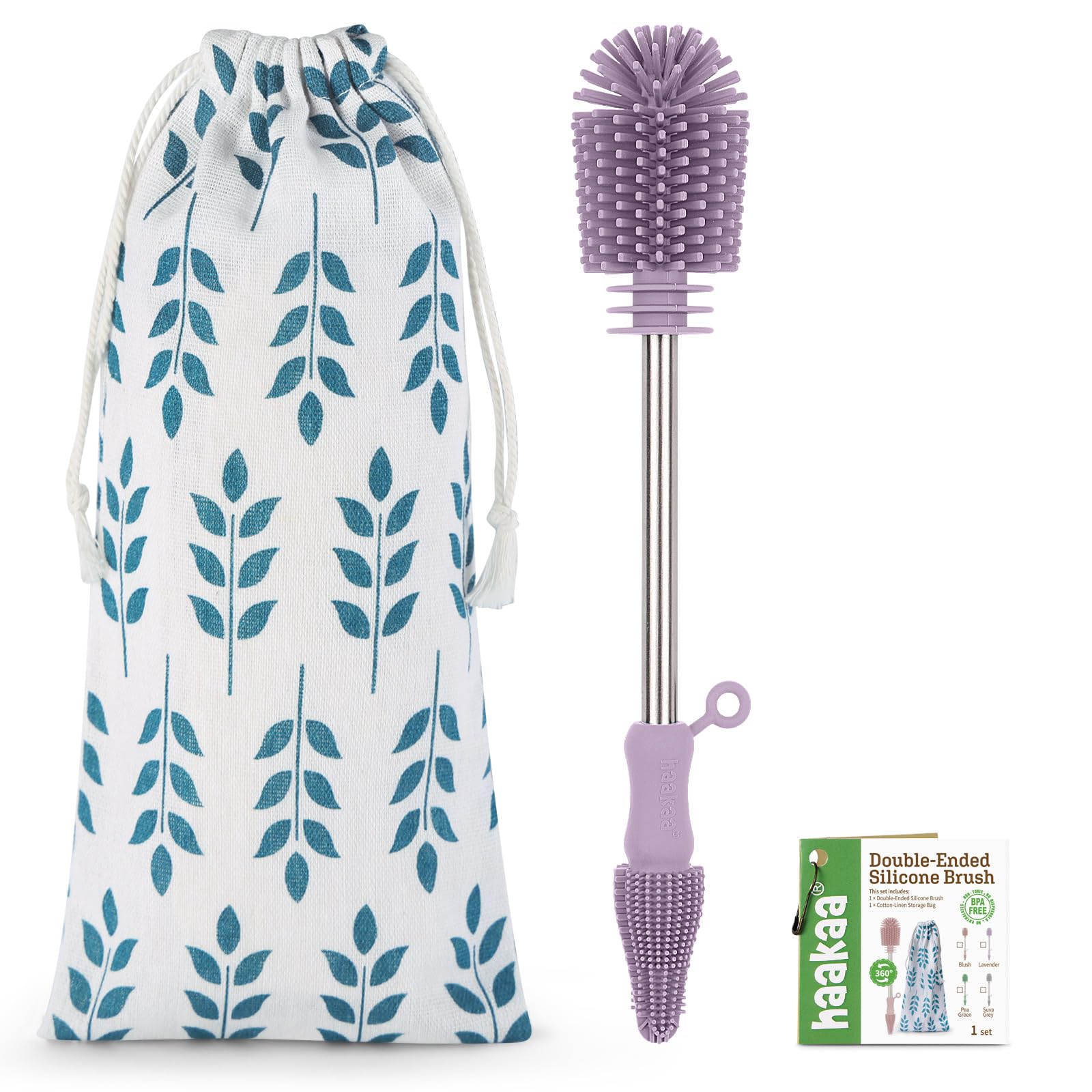 Haakaa Lavender Silicone Cleaning Brush Kit-Baby Bottle Brush Scrubber For Breast Pump,Nipple,Breastmilk Storage Bag,Reusable Straws,Sippy Cup Soft Food Grade Silicone Bristle Portable - 1Pk