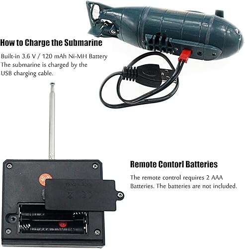 Miniatura 5 de Tipmant Mini RC Nuclear Submarino Juguete de Control Remoto Barco de Buceo Eléctrico Peces Tanque de Agua para Niños Regalos (azul) Azul,Negro