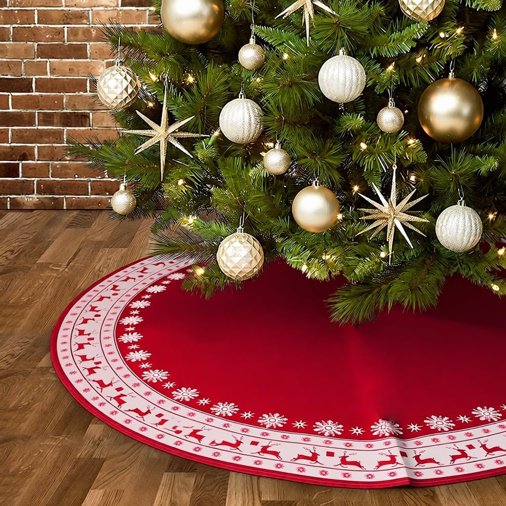 Christmas Tree Skirt, Red Tree Skirts 48 Inch with Snowflake Reindeer Rustic Farmhouse Xmas Tree Skirt Christmas Decorations for Holiday Party Decor
