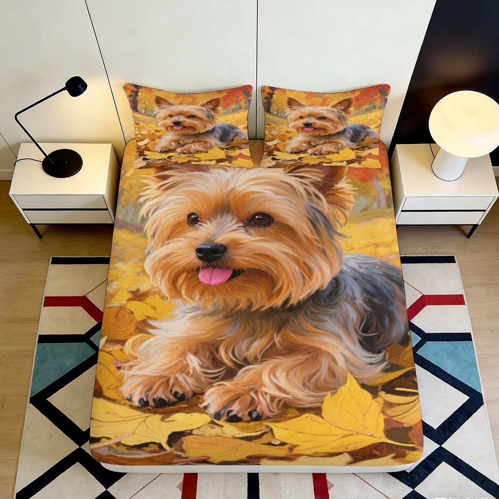 3D Printed Autumn Leaves Yorkshire Terrier Fitted Sheet Microfiber Soft Bed Sheet for Bedroom Guest Room Decor 90x200x25cm