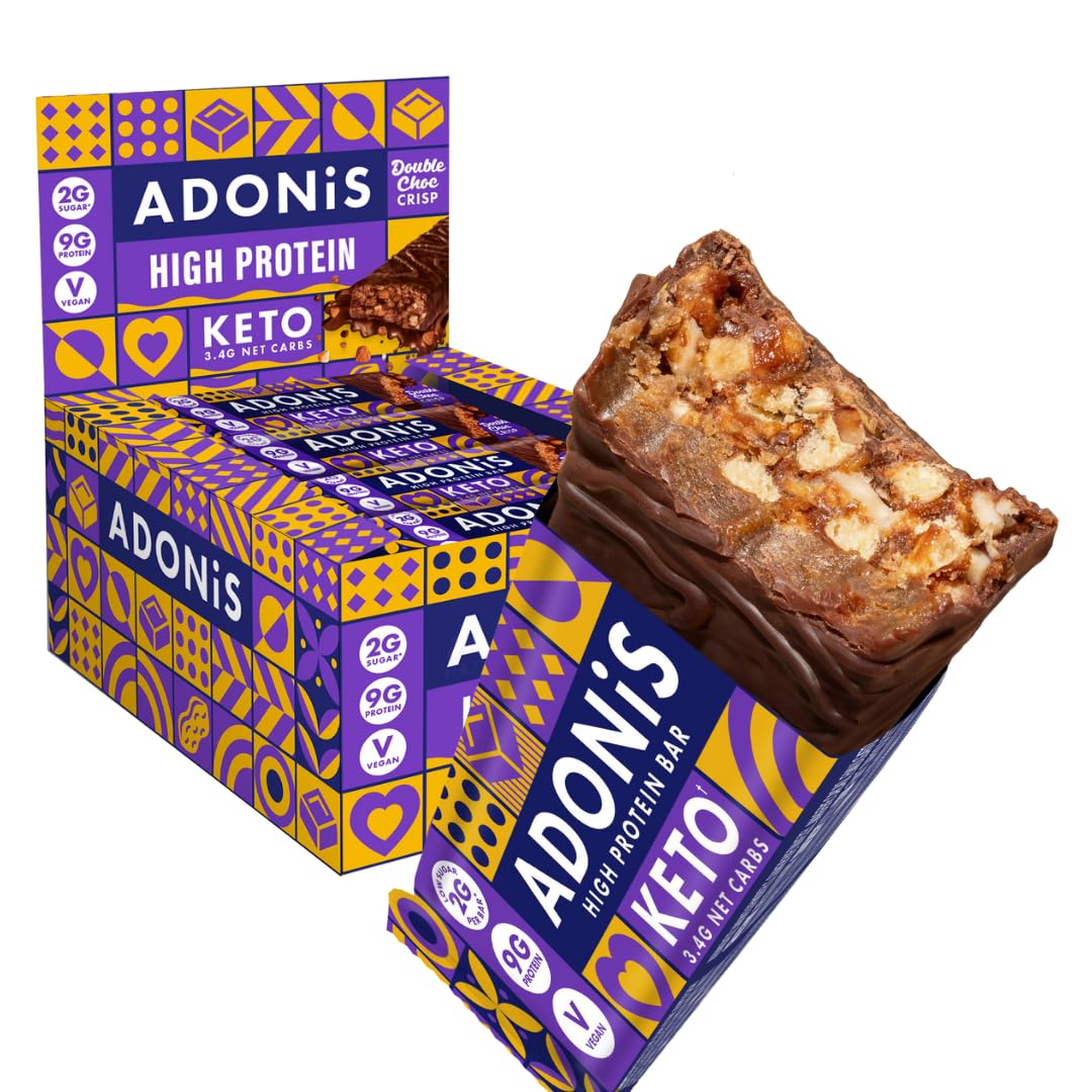 Barrette Keto Adonis Caramello e Arachidi – 16 x 45g | Barrette proteiche a basso contenuto di carboidrati | 9g di proteine, 2g di zucchero (Doppio Cioccolato Croccante)