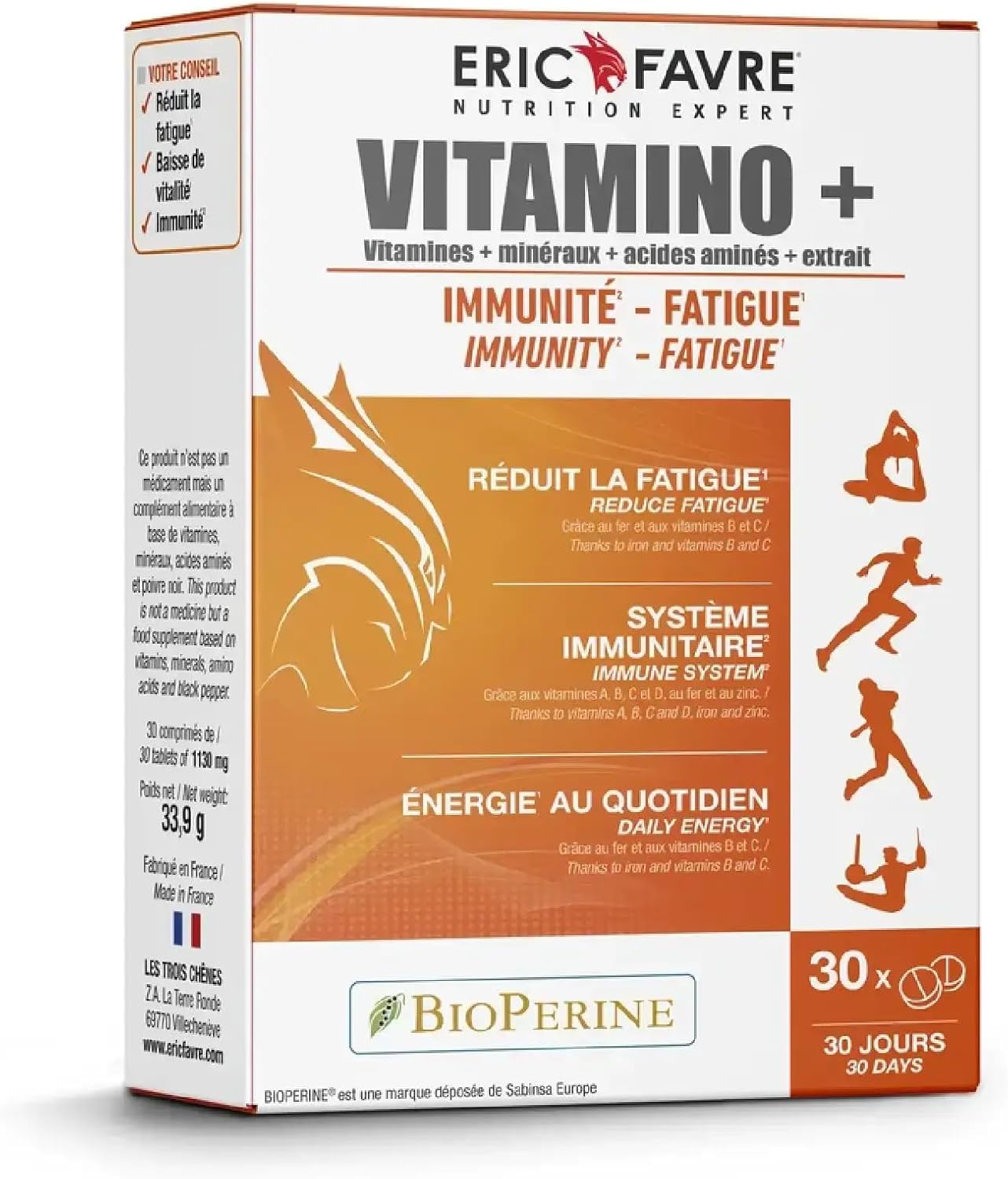 MULTIVITAMIN AND MINERAL COMPLEX Vitamino+ – High Absorption – Vitamins A, B, C, D3, E, Minerals, Amino Acids, Zinc – Immunity, Fatigue – Programme 30J – 30 Tablets – Eric Favre