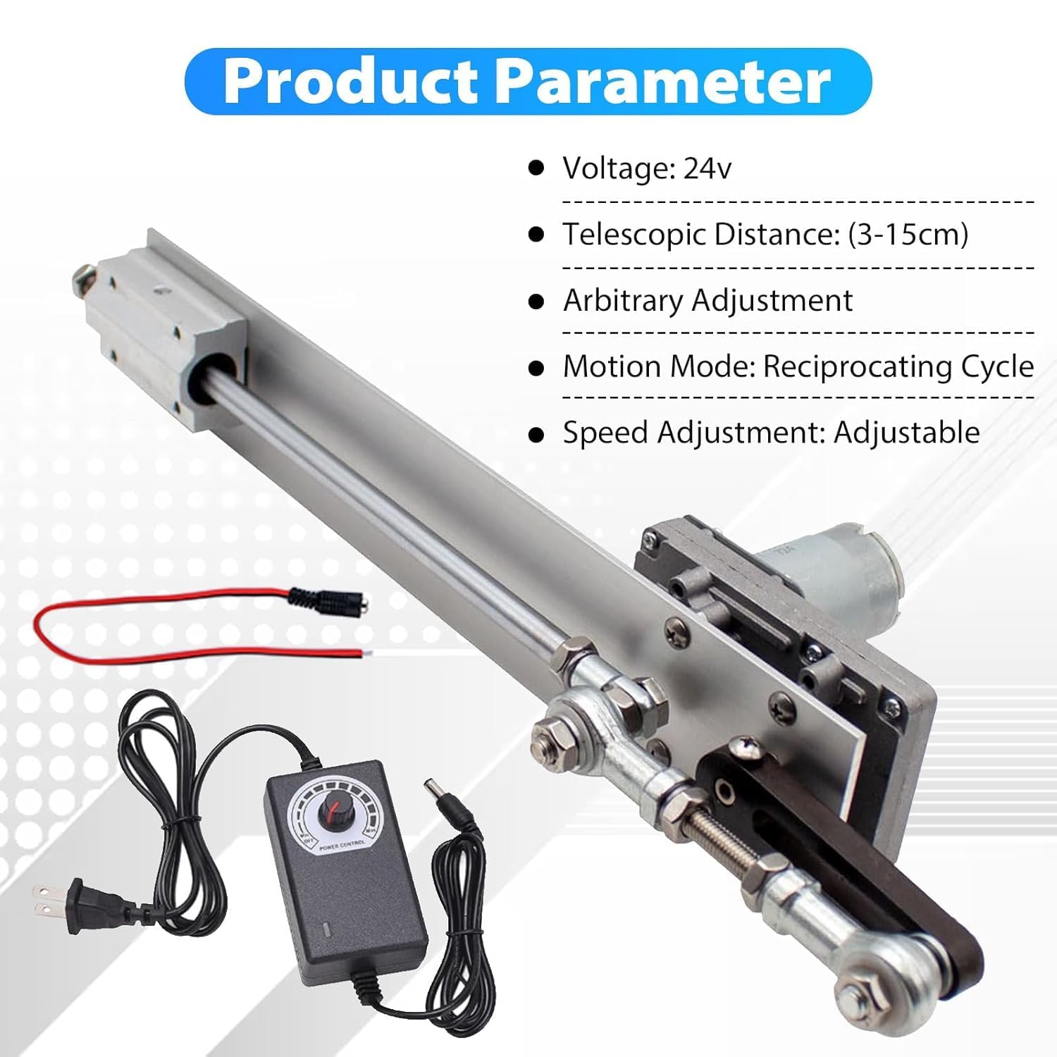 Actionneur Linéaire à Cycle Alternatif, Moteur Télescopique Réglable à Engrenages CC 12 V/24 V Bricolage Avec Contrôleur de Vitesse Course 3-15cm (DC24V, 90tr/min) avec Régulateur de Vitesse et Connec