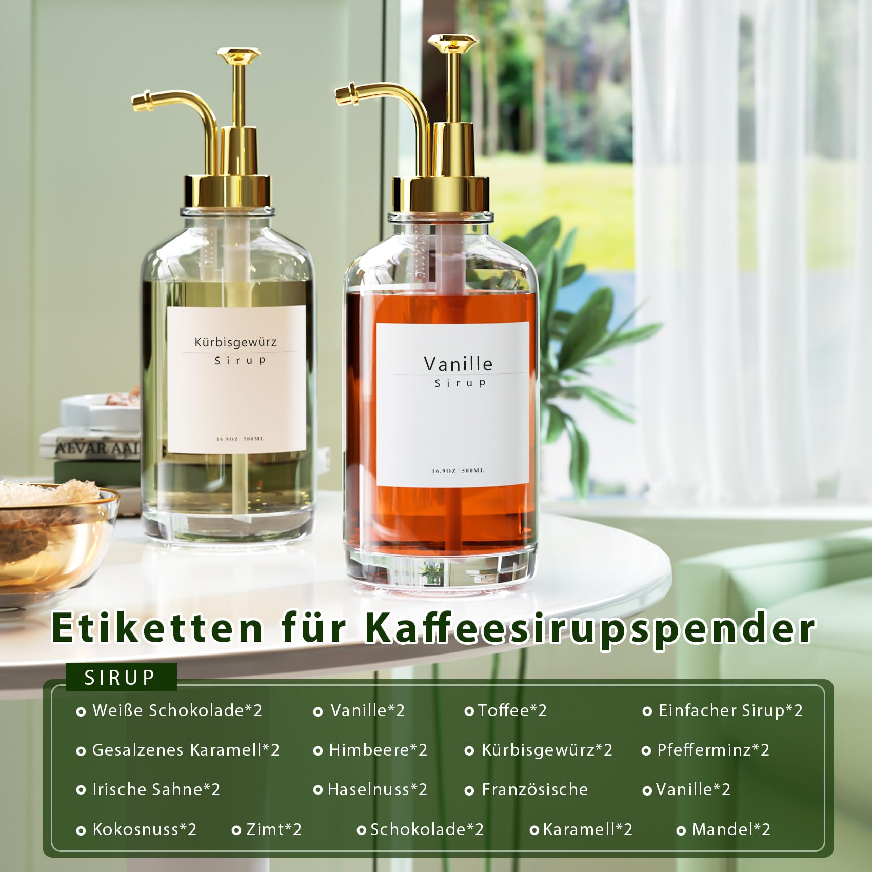 Dispenser per Sciroppo di Caffè, Accessori Bar, Erogatore con Pompa, 58 Etichette, 500 ml, Set da 2 Pezzi