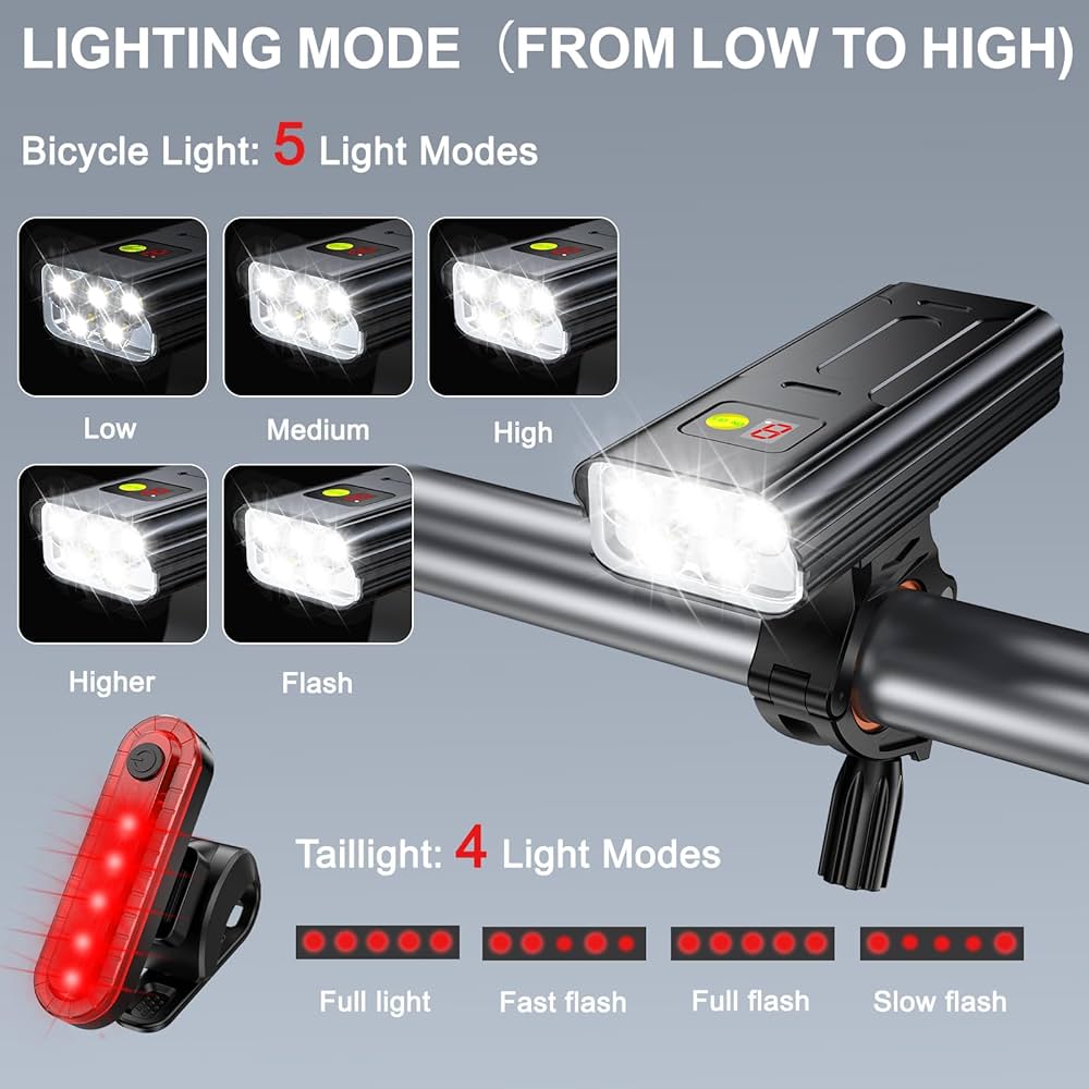 Luci Bici Ricaricabili USB - Anteriore E Posteriore | 2200mAh, IP65 Impermeabile | 5 Modalit&agrave; Incl. SOS