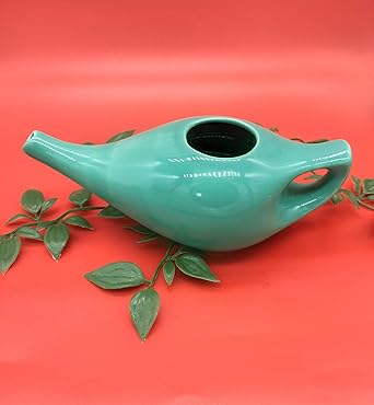 GoodsHealthshop Porcelain Ceramic Neti Pot Brown Color for Nasal Cleansing | Compact and Natural Treatment for Sinus, 10 Sachet Salt and Congestion (Green)