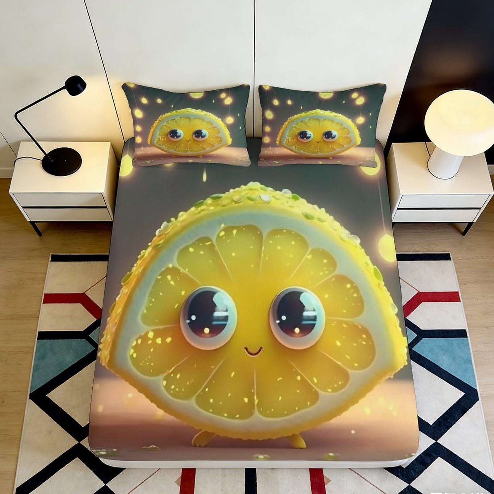 3D Printed Cute Lemon Cartoon Fitted Sheet Microfiber Soft Breathable Fruit Bed Cover for Bedroom Dorm Mattress Decor 90x200x25cm
