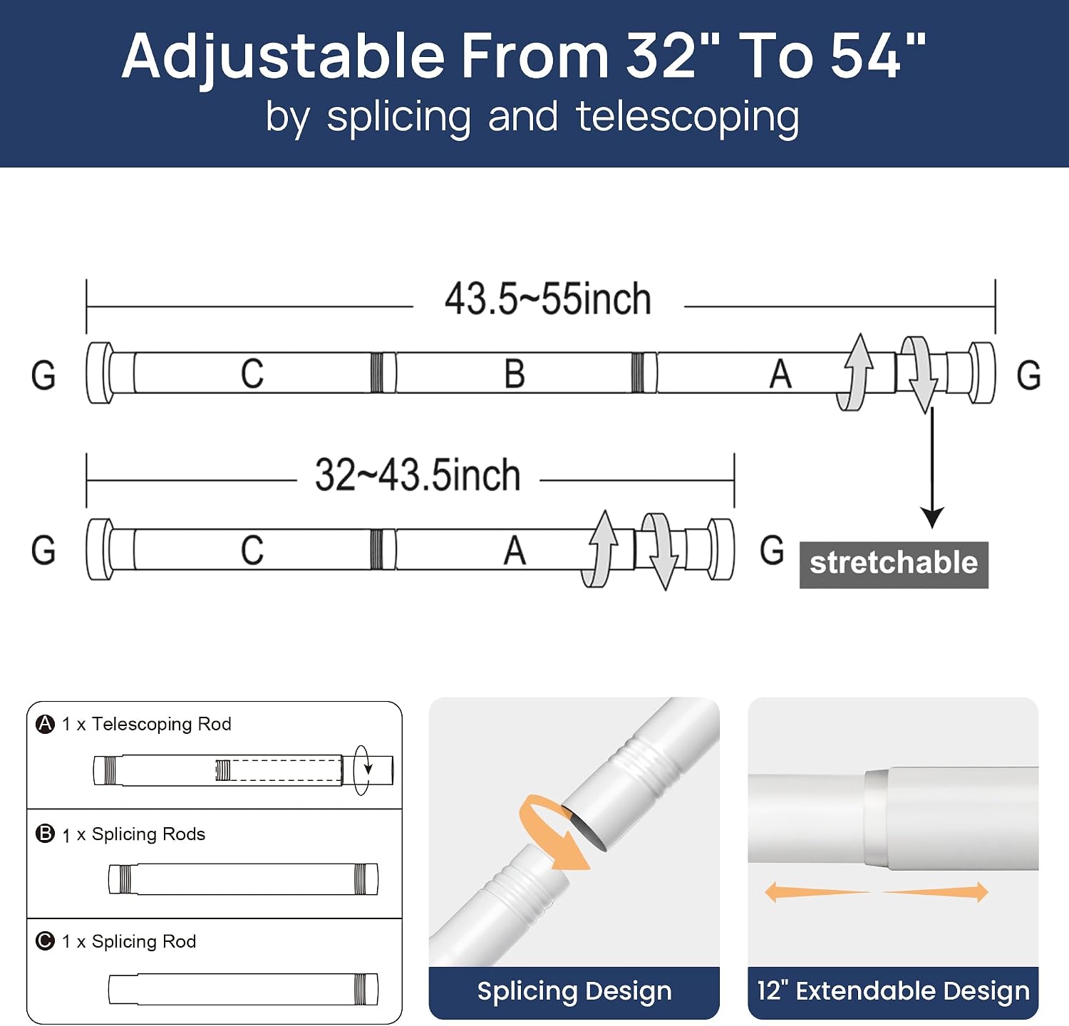 ENJOYBASICS 2 Pack Tension Curtain Rod, 32-54" Adjustable, Stable, White