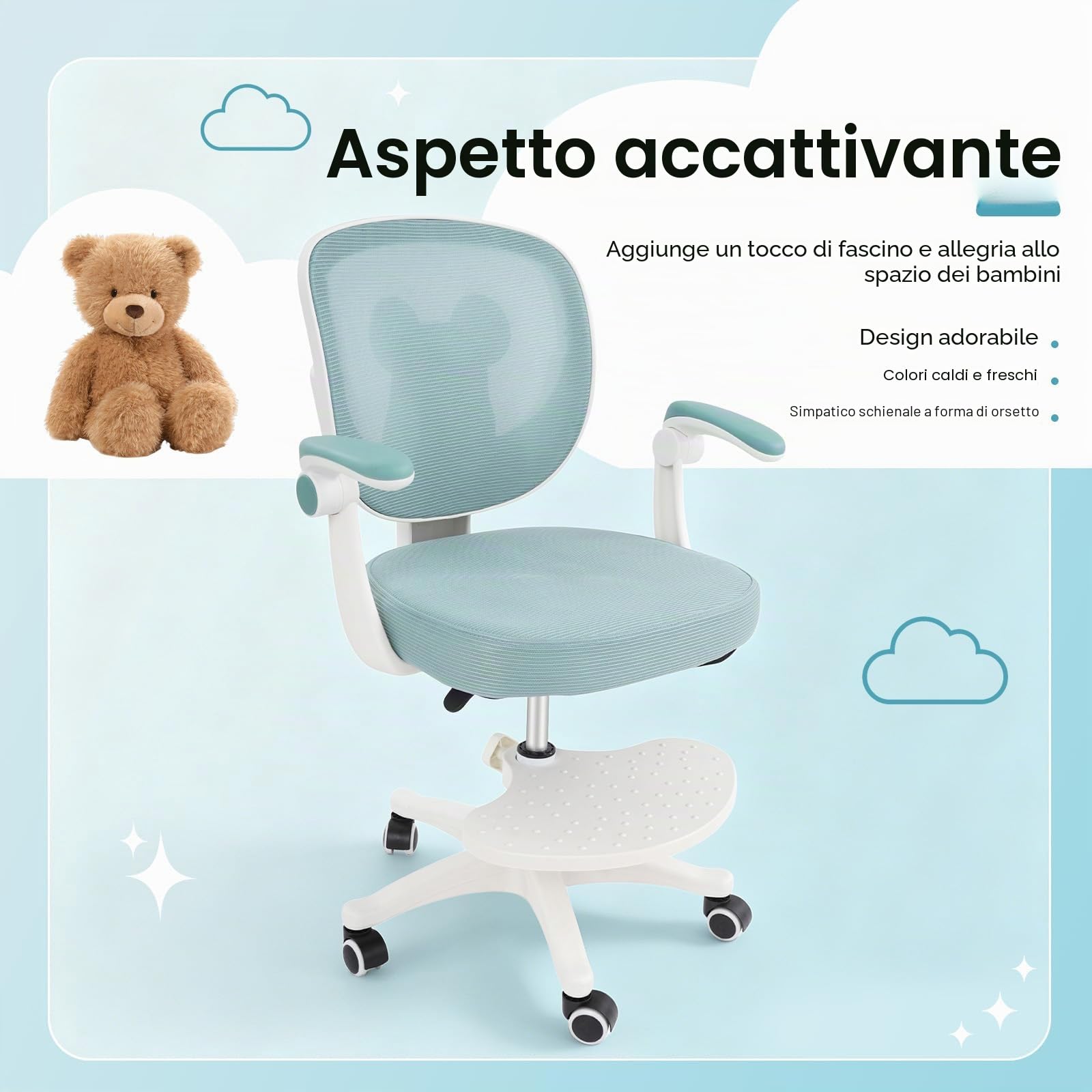 Sedia da scrivania per bambini, ergonomica, girevole a 360°, per bambini, regolabile in altezza, con braccioli e poggiapiedi, per adolescenti e ragazze (verde)