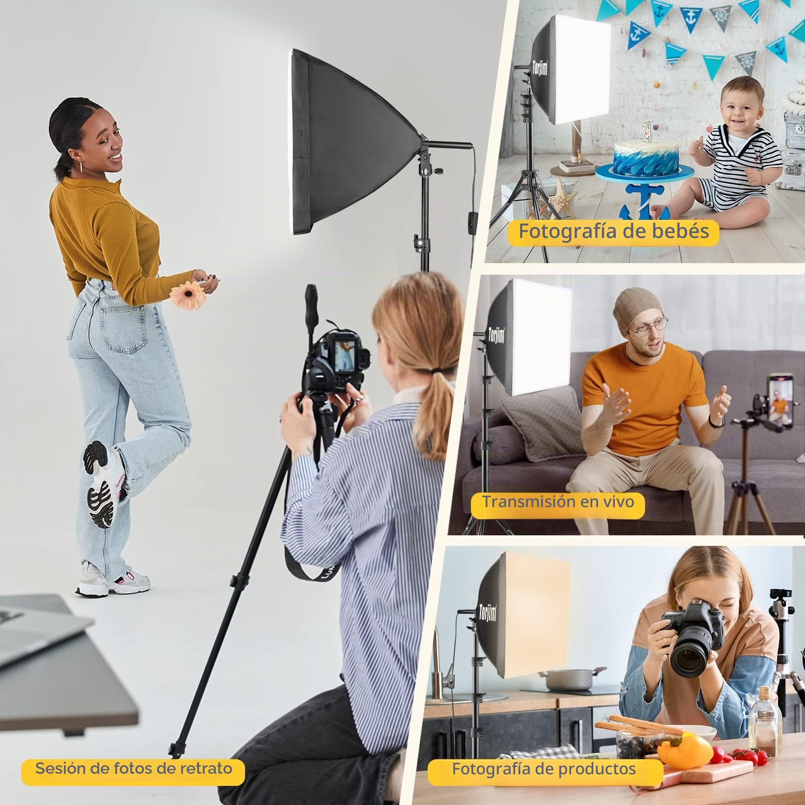 Torjim - Kit de iluminación para fotografía de Softbox, 16 x 16 Pulgadas, Kit de iluminación Profesional de Softbox con Bombillas LED de 85 W, 3000-7500 K, Luces de Estudio para fotografía/grabación