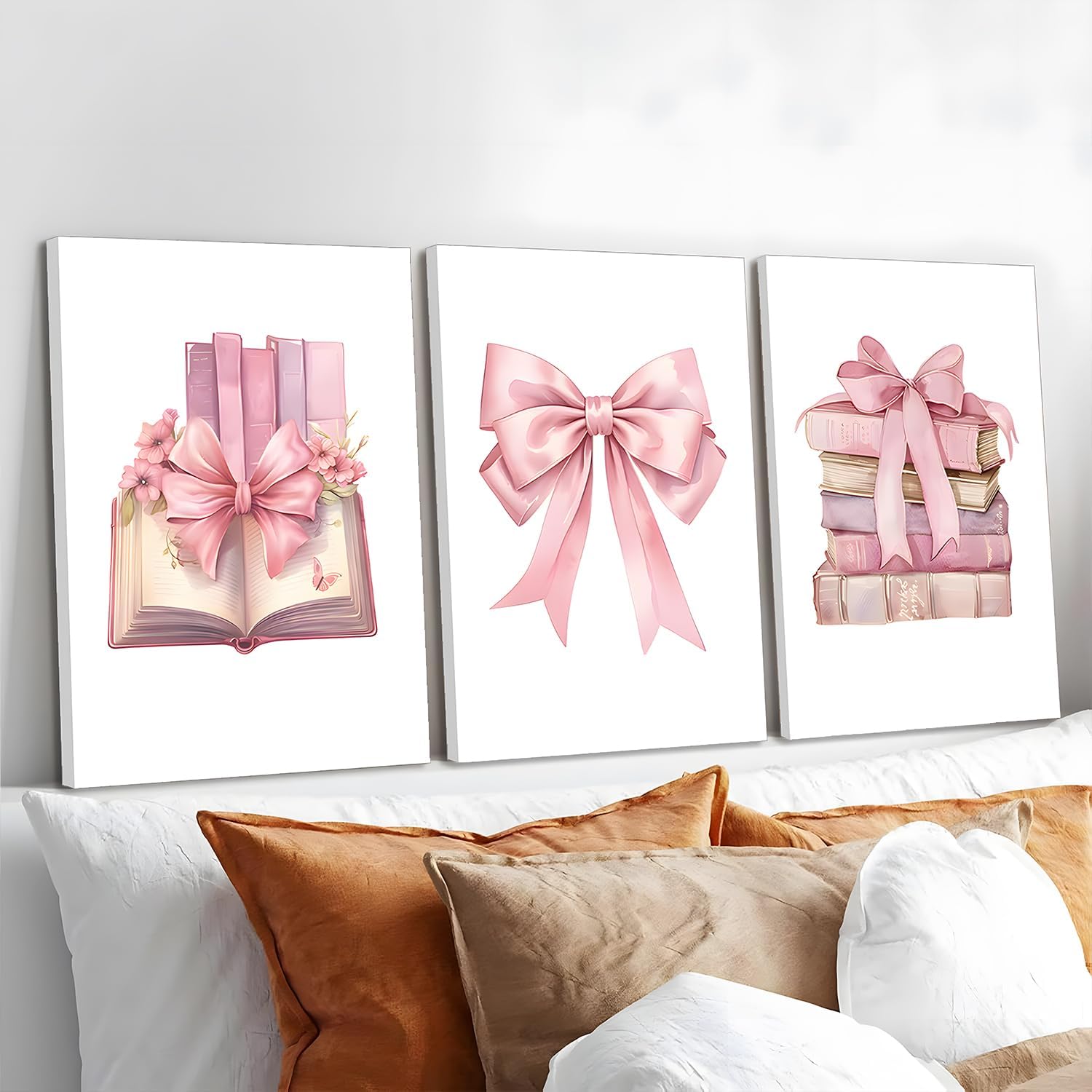 JBZZD Coquette Pink Bow Canvas Wall Art Set of 3,Book Lovers Gifts Preppy Decor Trendy Pink book Posters Pictures Prints Aesthetic for Girls Room College Apartment Living Room Bedroom Framed 16x24 In