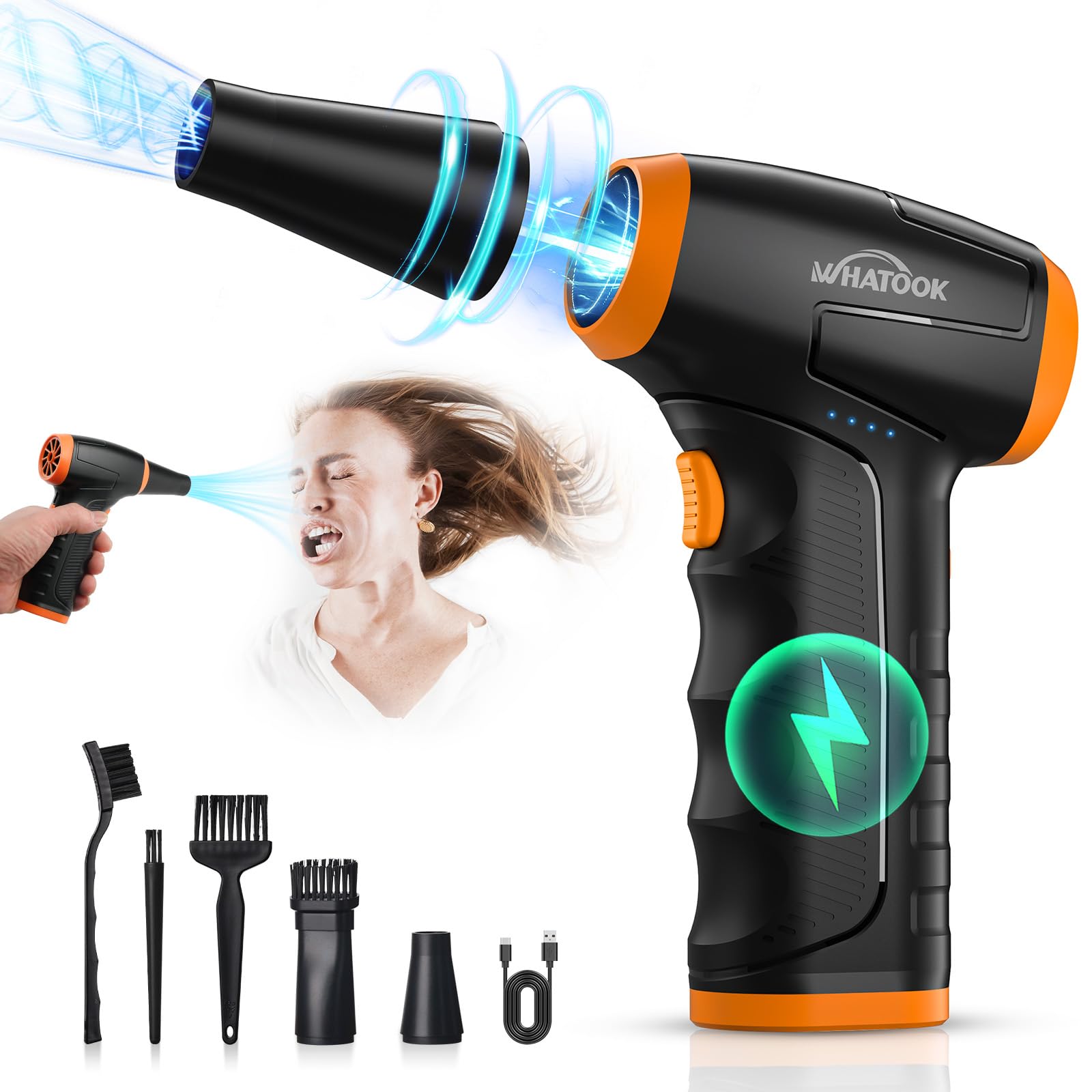 Soffiatore Elettrico Anti-Polvere WAHTOOK 250.000 RPM – 3 Velocità, Batteria Ricaricabile, Schermo LED, 2 Ugelli + Spazzola, Per PC, Tastiera, Auto E Divano