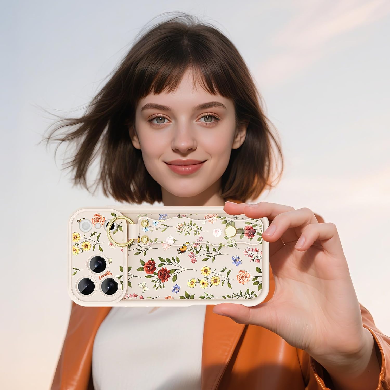Compatible with iPhone 17 Pro Case with Wrist Strap, Cute Floral Flower Pattern [Upgraded] Soft TPU Adjustable Wristband Kickstand Shockproof Protective Cover for Girl Women, White