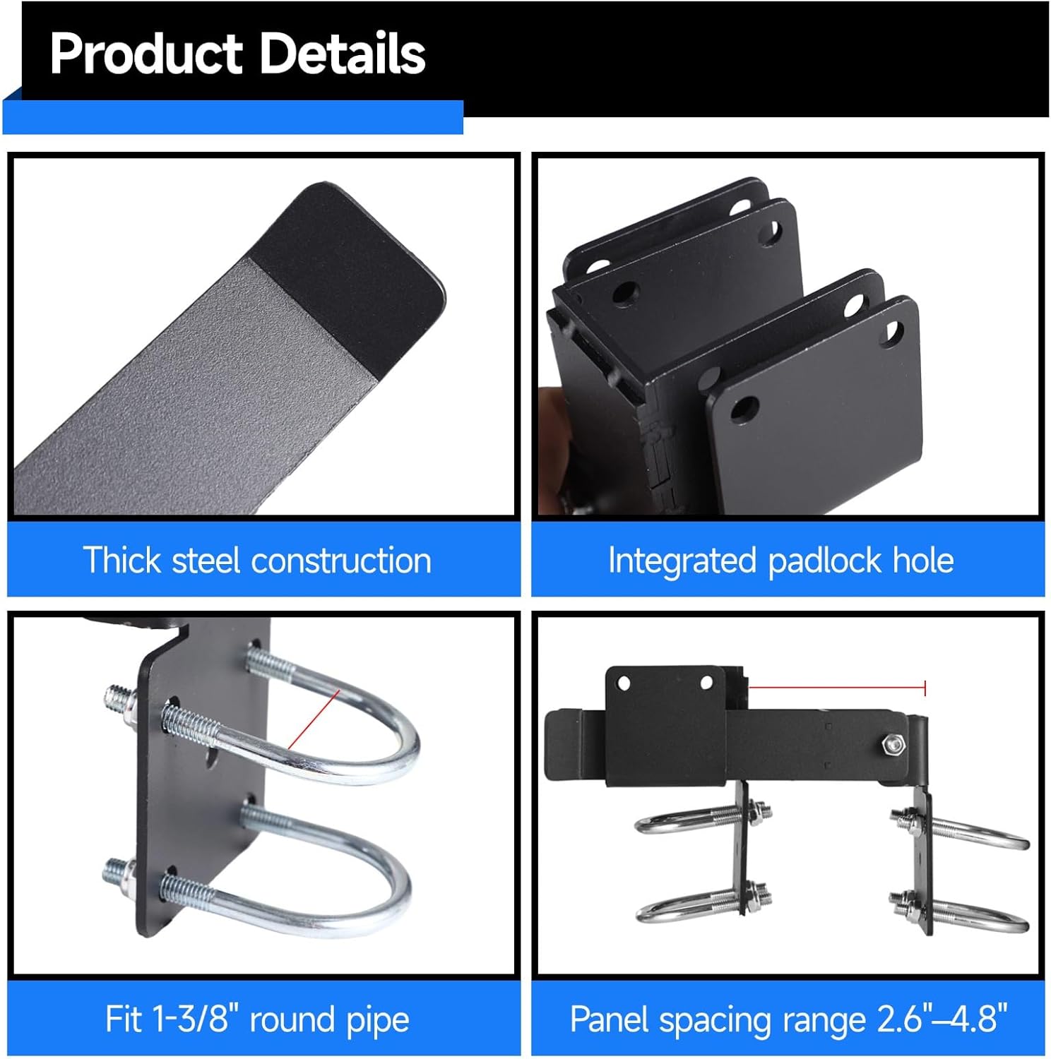Padlockable Gate Latch For 1-3/8 In Fence Frame, Strong Metal, Adjustable Spacing, Black