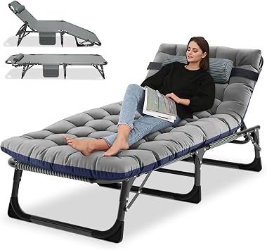 Folding Sun Lounger for Garden, Heavy Duty Adjustable Garden Bed with Mattress and Headrest, Oversized Portable Outdoor Camping Bed for Home, Office Nap, Patio Pool and Beach