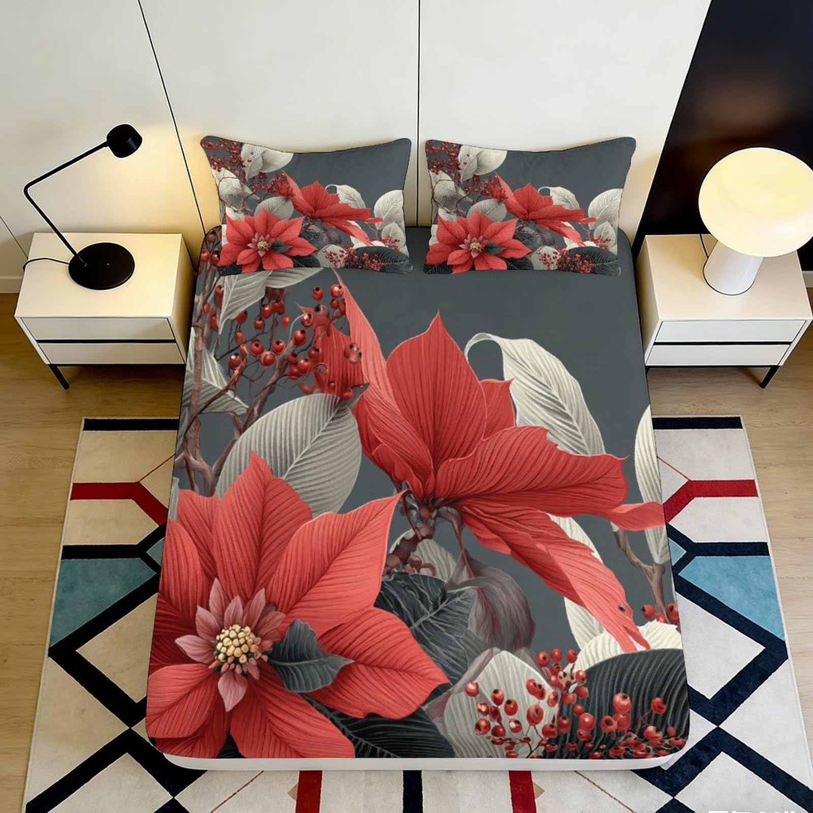 3D Printed Red Poinsettia Fitted Sheet Microfiber Soft Floral Bed Cover for Bedroom Guest Room Mattress Protection 90x200x25cm