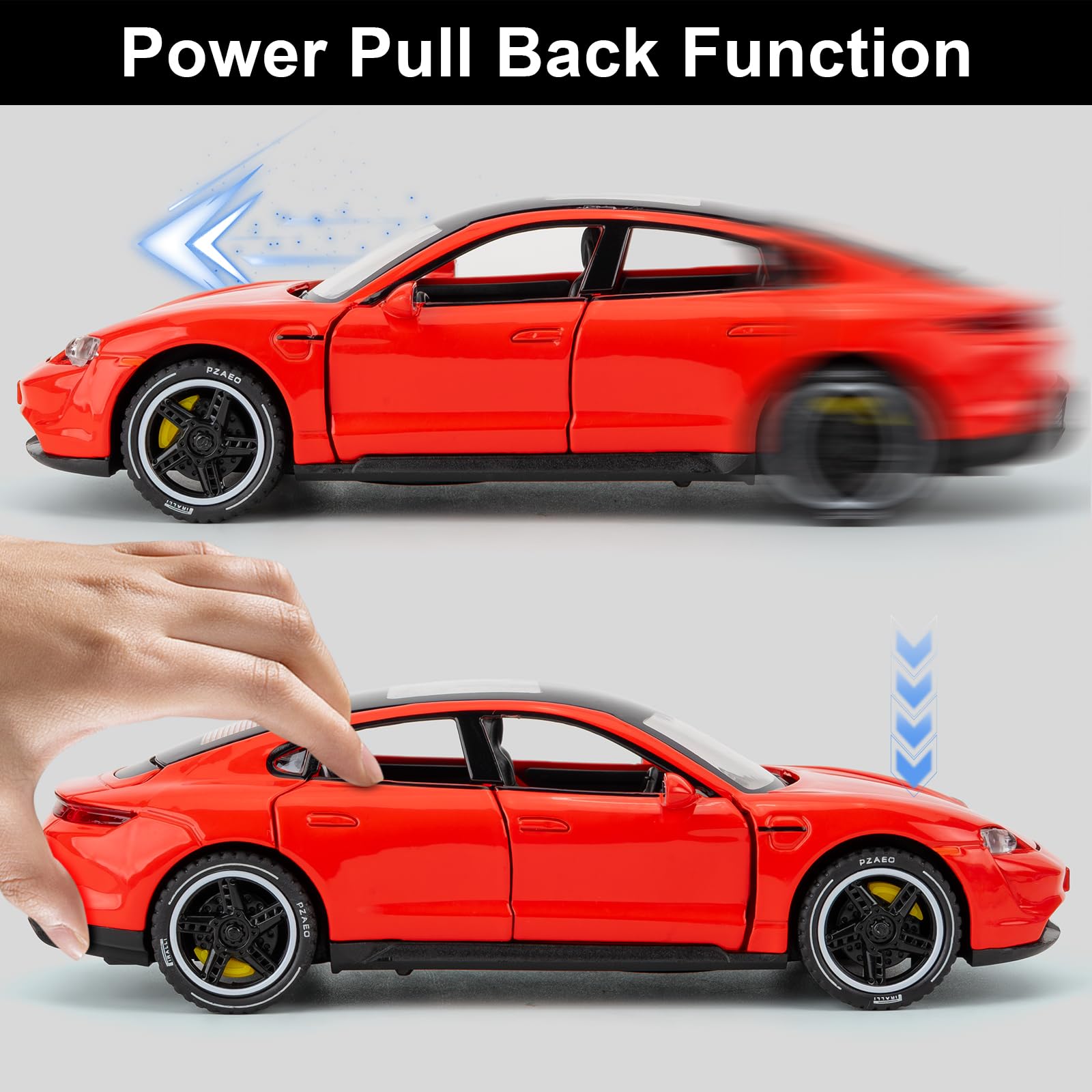BGHSCA 1/32 Scale Porsche Taycan Diecast Model Car,Zinc Alloy Pull Back Toy Vehicles with Sound and Light for Kids 3+ Years Old Gift(Red) - Image 4