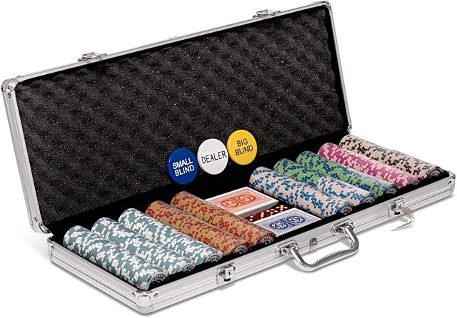 Poker Night Pro 500 Piece Texas Holdem Poker Set Game With Aluminium Case. QUALITY Metal-Core 14g Numbered Poker Chips With Values, 2 Decks Professional PLASTIC Playing Cards, Dealer & Blind Buttons