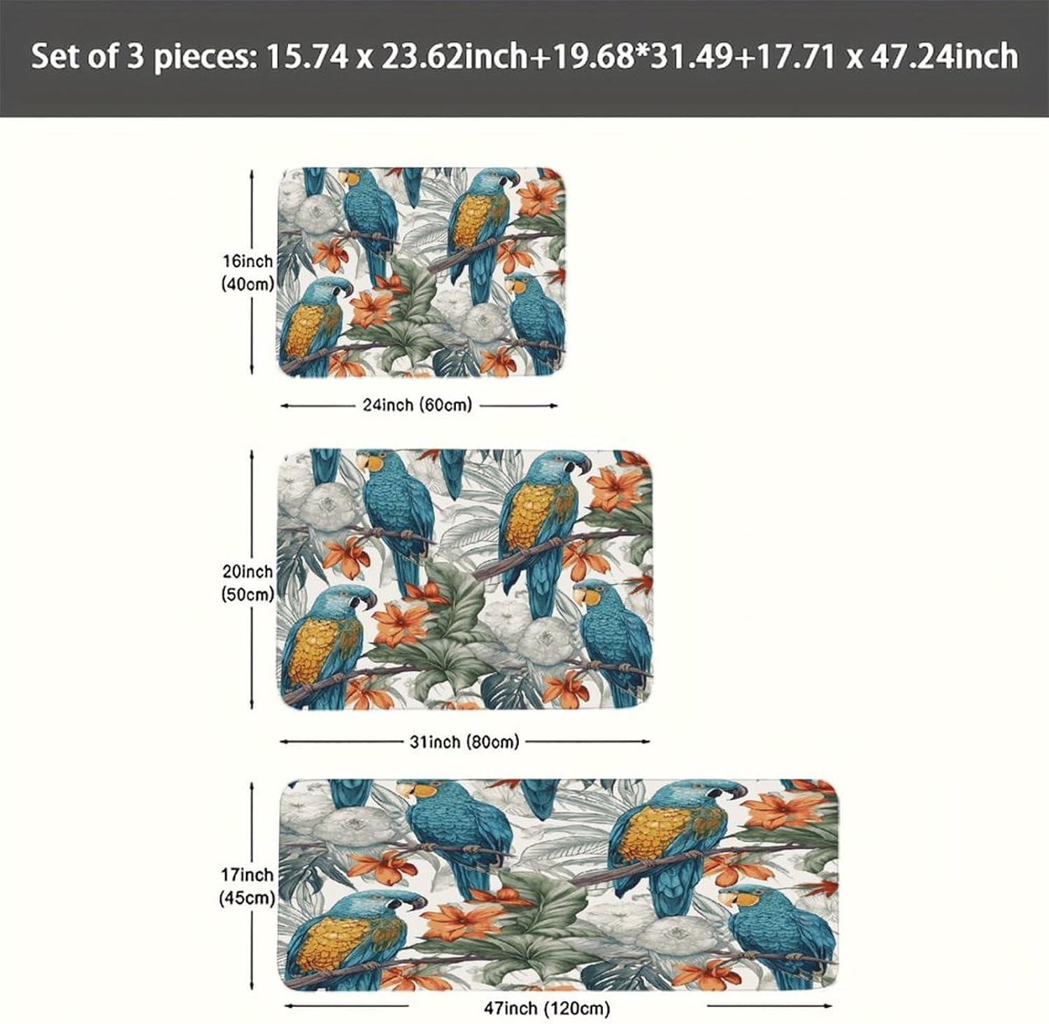 Parrots on Branches Kitchen Mats Soft Absorbent Rugs for Floor Non Slip Washable Kitchen Mats Fashion Rectangular Rugs for Three-Piece Set for Laundry Office Home Sink