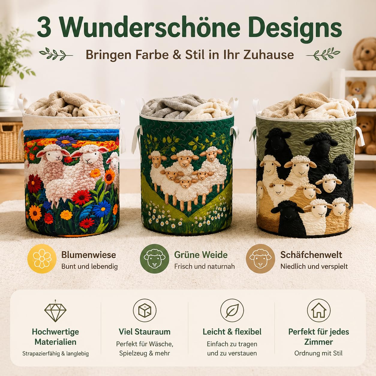 WäSchekorb SchäFchenwelt, WäSchekorb Boho Mit Griff, Mit Viel Stauraum FüR Kleidung Und Spielzeug, Geeignet FüR Schlafzimmer Und WaschküChen (Sheep 01,S-14"*18")