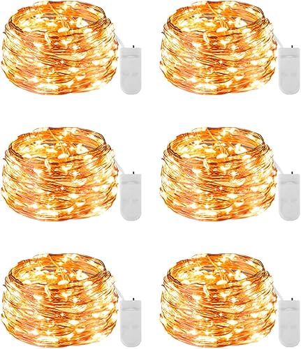 Ariceleo Tira de luces a pilas, 6 paquetes de 6.5 pies, 20 luces LED de 6.5 pies, mini cable plateado, funciona con pilas, guirnalda de luces de