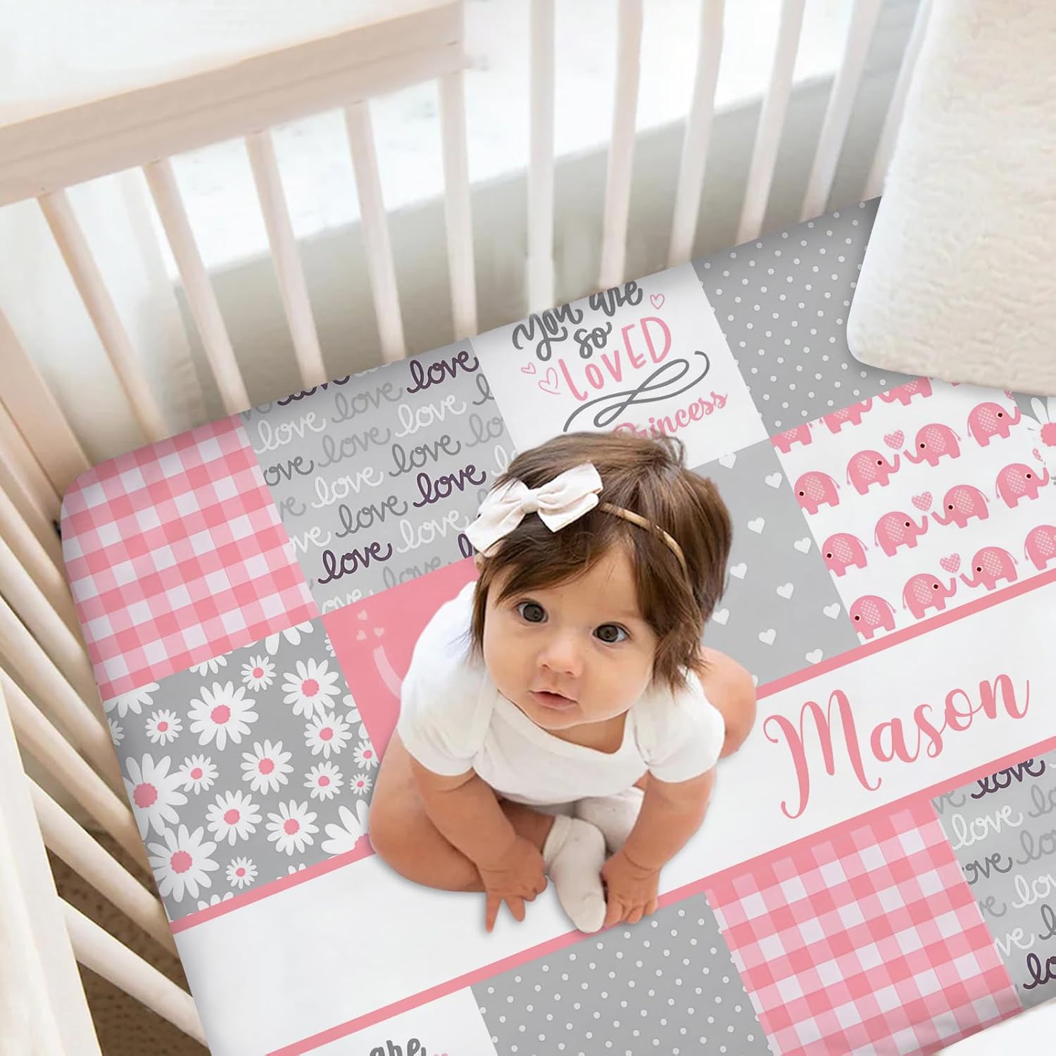 Personalized Baby Bedding Set for Girls, Custom Name Crib Comforter, Pink Elephant Nursery Bedding, 2 Piece Set with Fitted Sheets