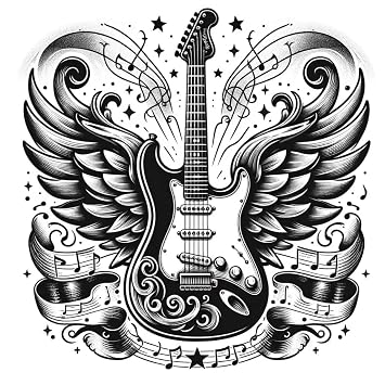 6 Sheets Temporary Fake Tattoos for Men Adults Electric Guitar Roses Angel Wing Music Notes Rock Roll Temporary Fake Tattoo for Women Neck Arm Chest for Woman