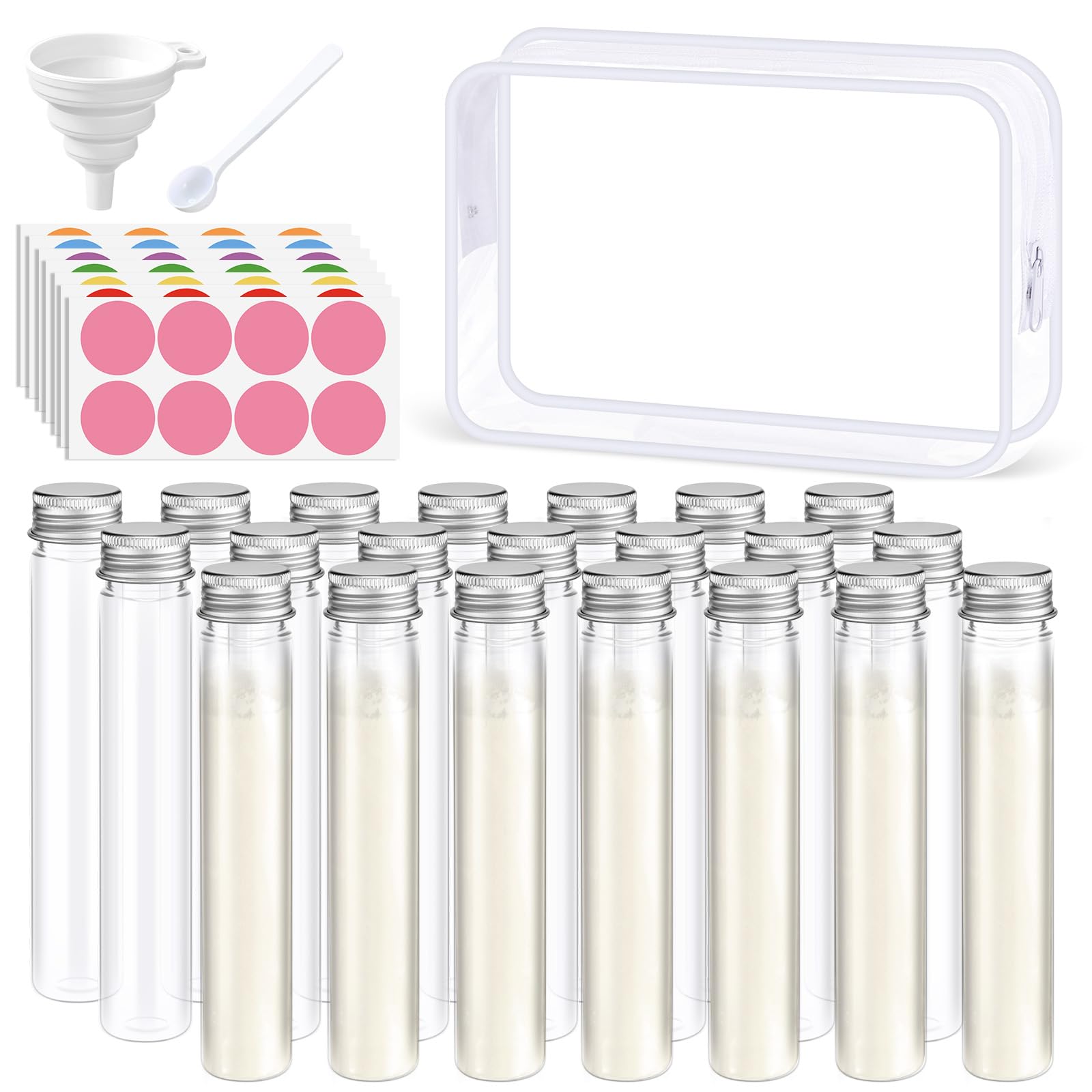 33 Pcs Protein Powder Travel Container Set 21 Pcs 50ml Reusable Powder Supplement Plastic Tubes and Portable Travel Organizer Zip up Bags Funnels Spoon and Labels for Workout Fitness