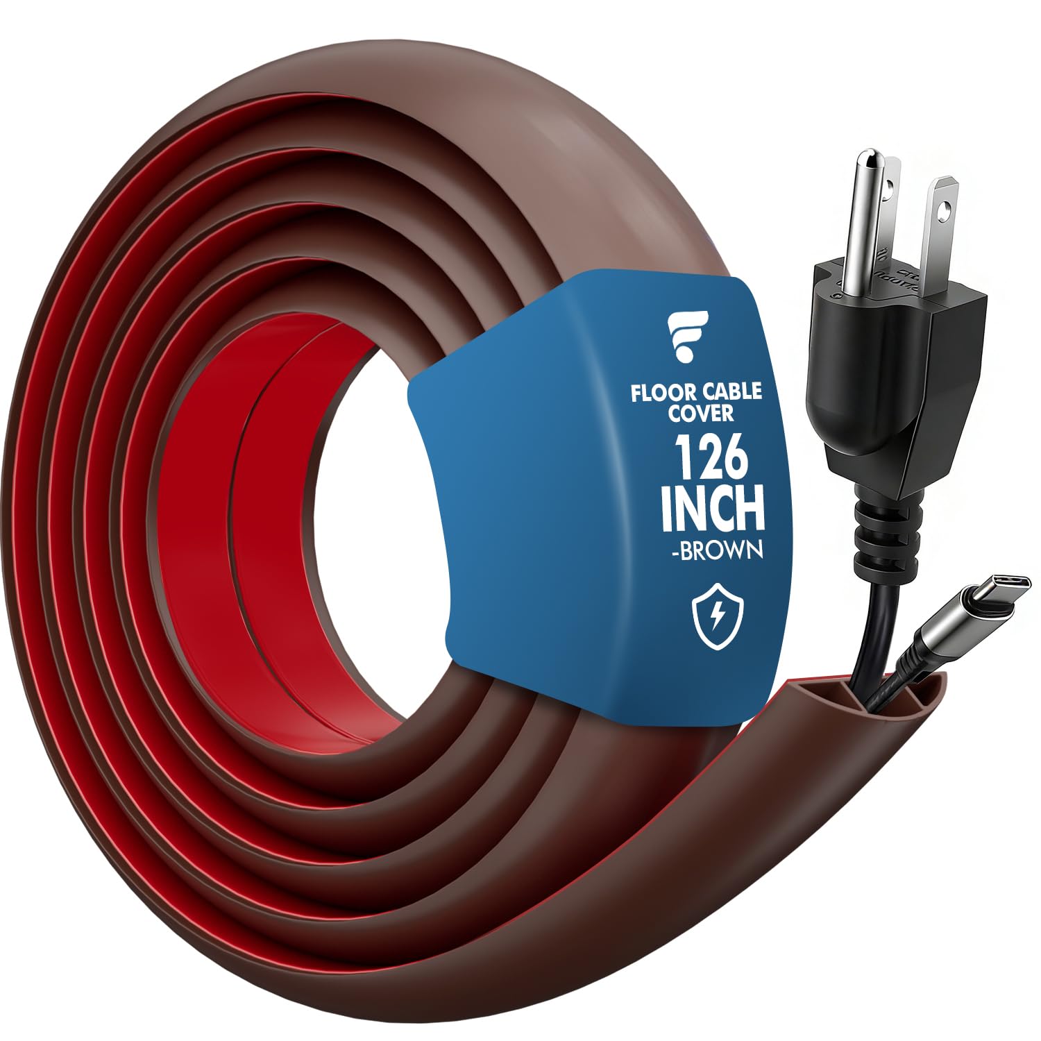 shinfly 126inch Floor Cable Cover, Rubber Self-adhesive Wire Covers, PVC Cable Protector, Flexible Cords Hider for Home, Offices, and Warehouses — Brown 0.66in(W) x 0.39inch(H)