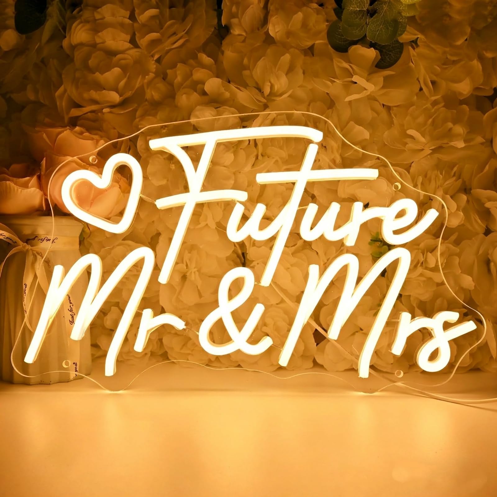 Future Mr & Mrs LED Neon Sign Warm White Letters Light Up Sign Dimmable for Bedroom Living Room Wall Decor Birthday Valentine Party Decoration