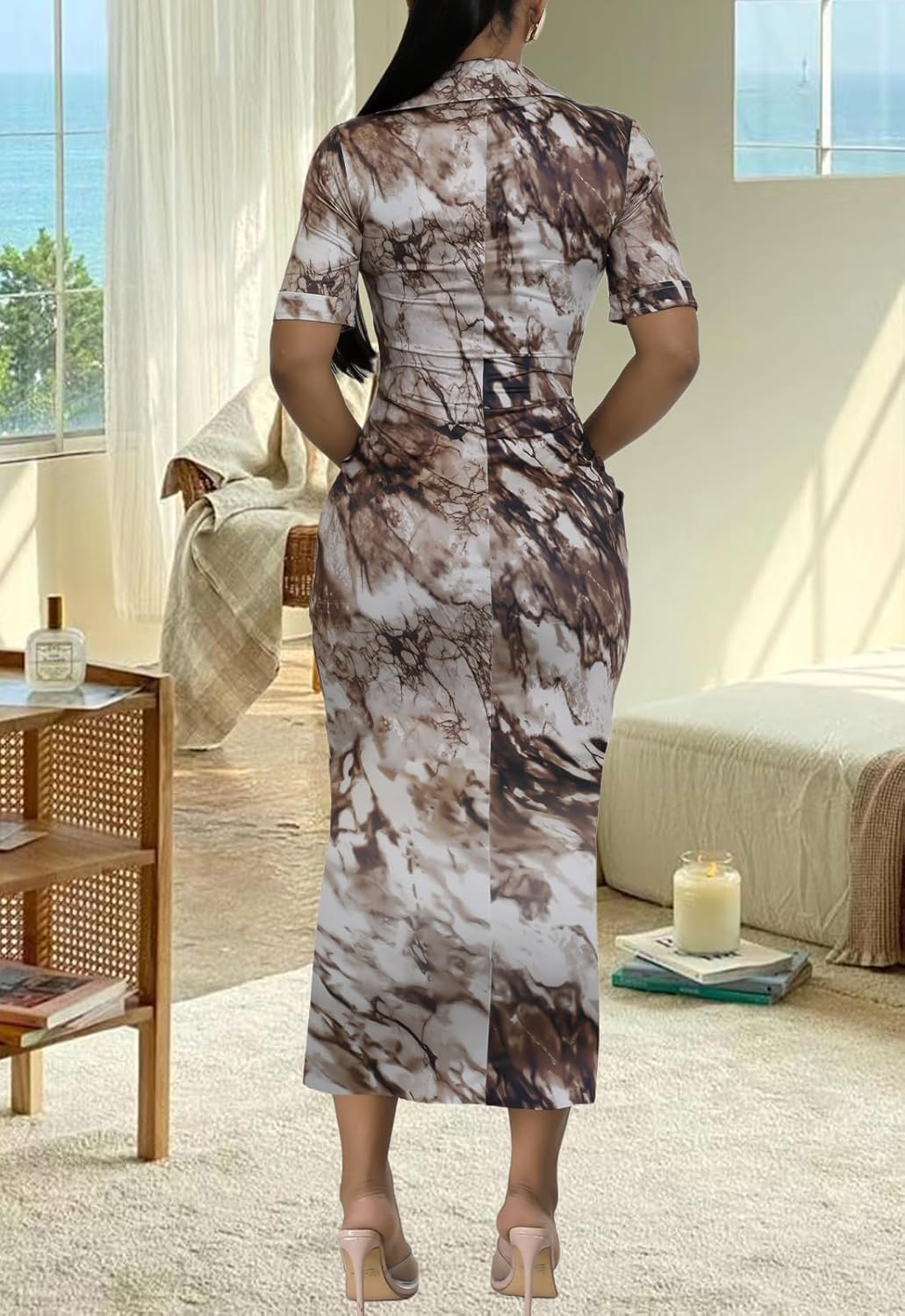 ZERMOM Women's Button Down Shirt Dress Short Sleeve Print Collar V Neck Summer Bodycon Midi Dresses - Image 4